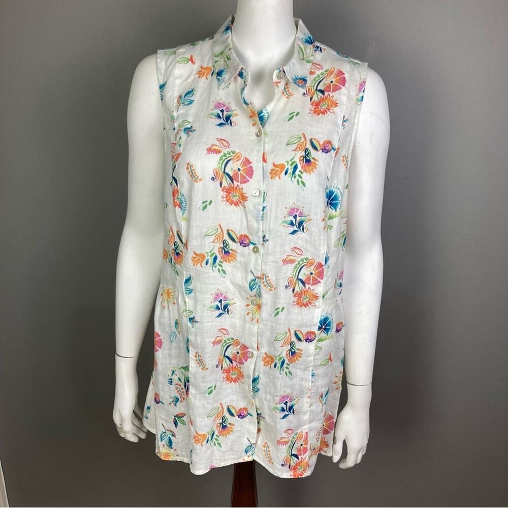 J. Jill blouse top Medium love linen white sleeveless colorful floral print